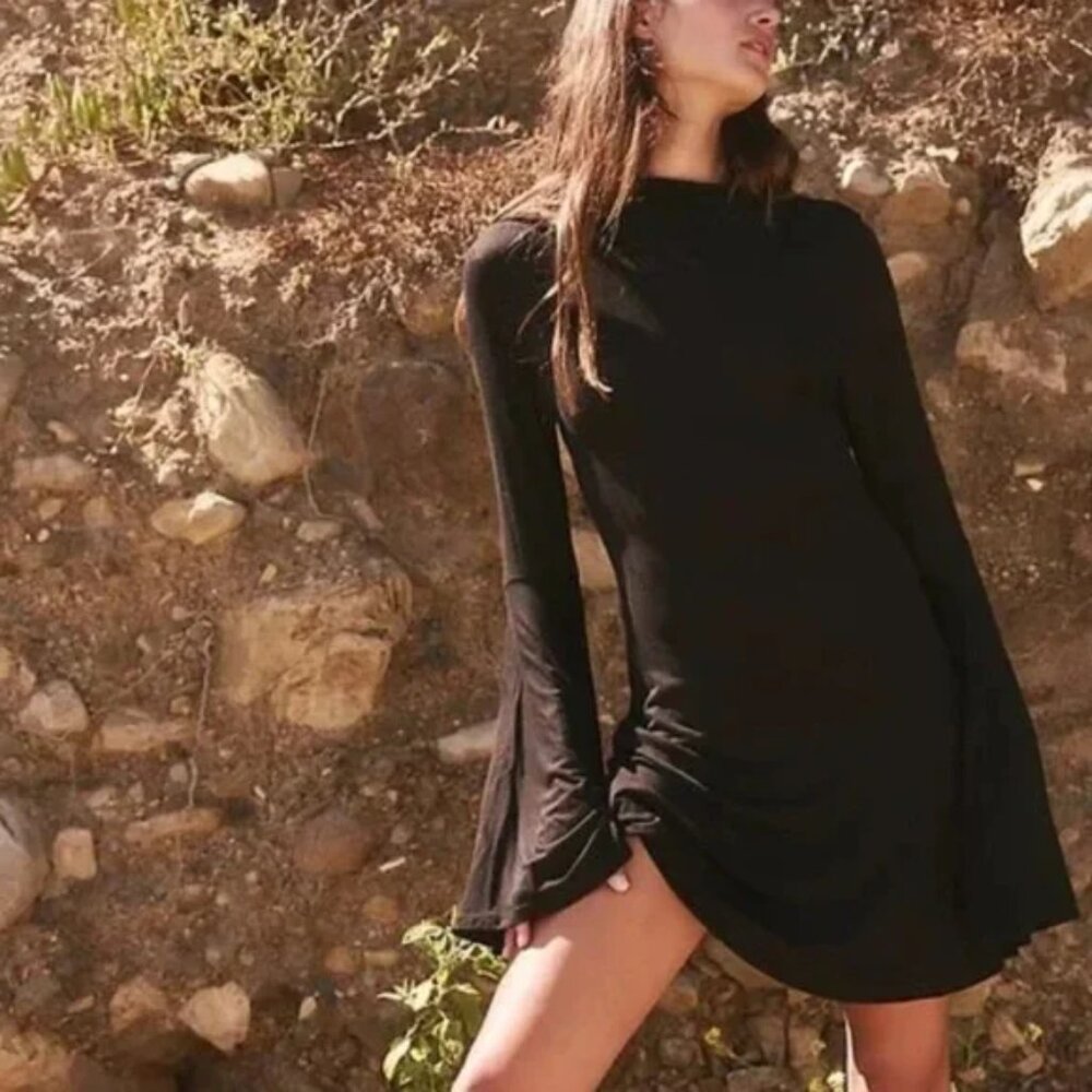 FREE PEOPLE Dare to Dance Mini Black FP BEACH Tunic Dress sz L